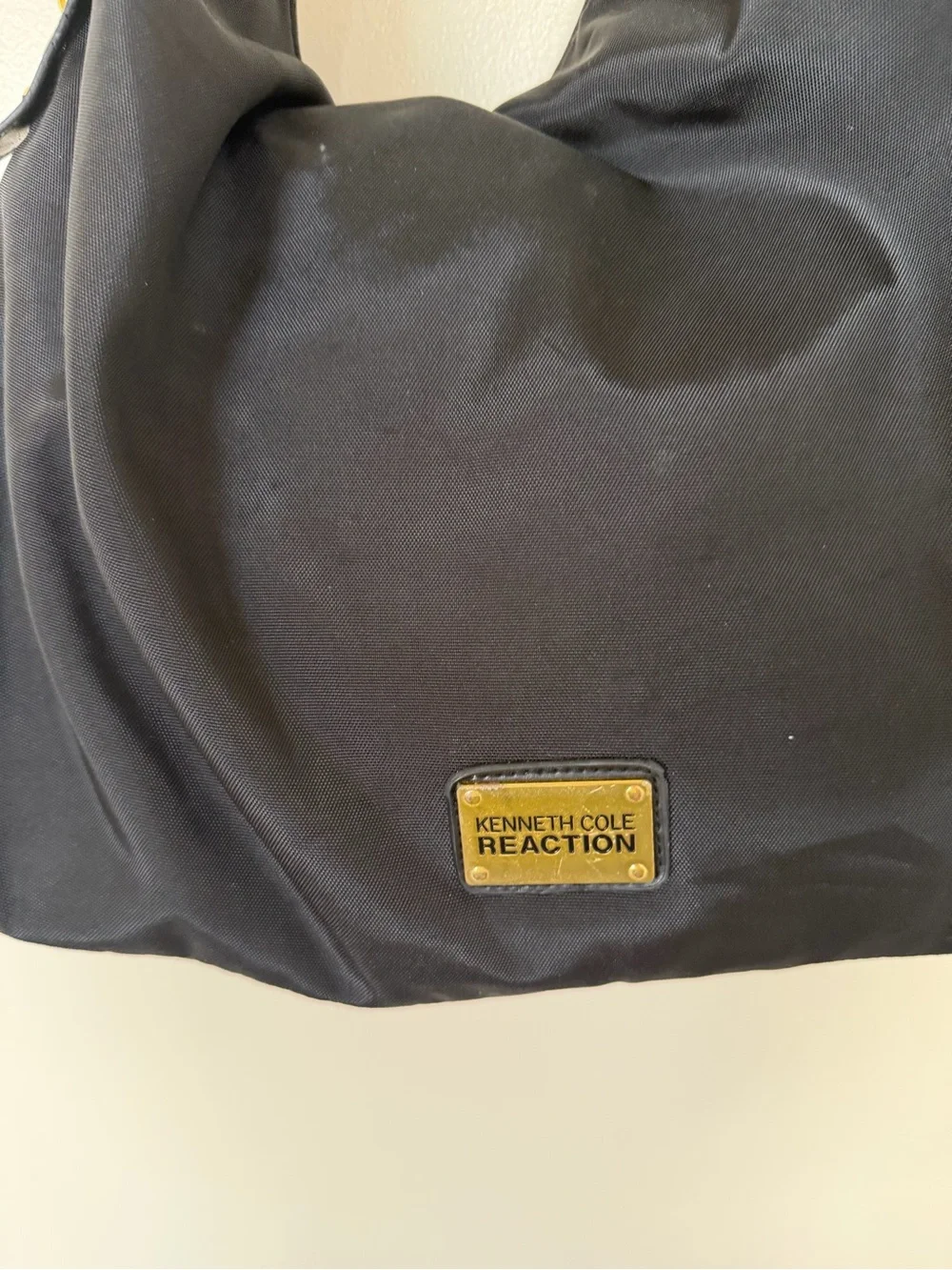 KENNETH COLE REACTION Black Canvas Large Hobo Shoulder Bag with Gold Accents